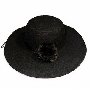 Forever 21 Black Wide-Brim Hat with Pom Pom